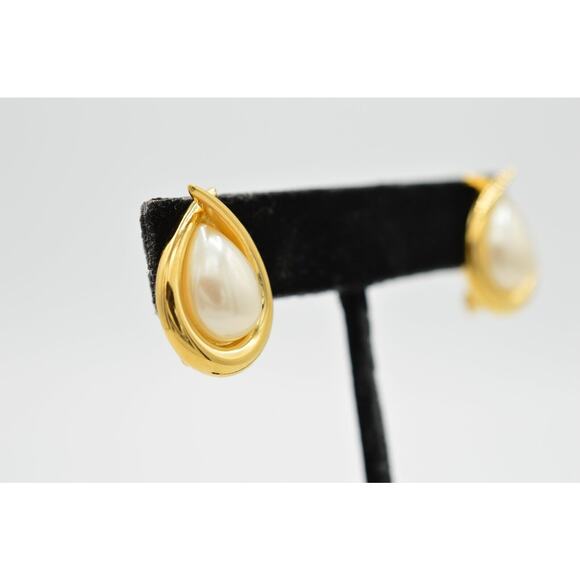 FO Vintage Earrings Clip Pearl Teardrop Gold Fernando Original Signed NOS 80s 9L - Picture 4 of 8